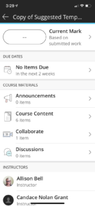 The mobile app shows marks, announcements, course content, collaborate and discussions - plus the staff who teach it